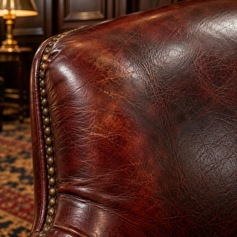 Close-up of aged oxblood leather with darker and lighter tones