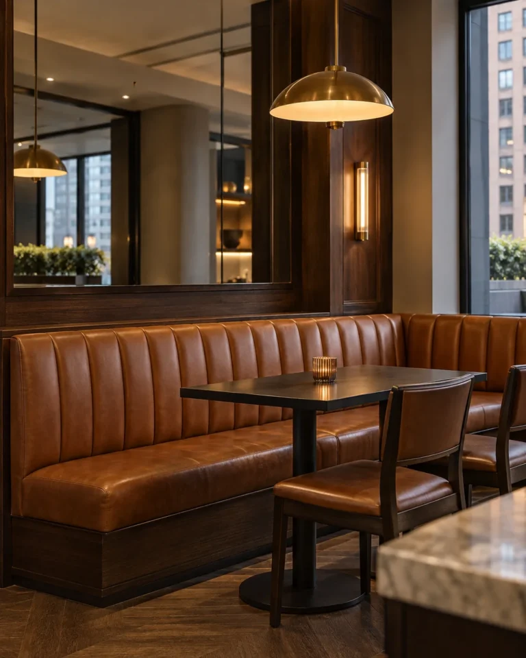 A leather banquette in a building amenity space