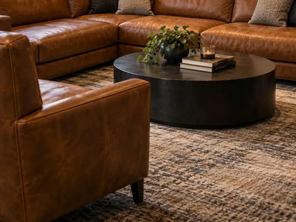 Cognac sectional and armchair around a round table in a clubhouse