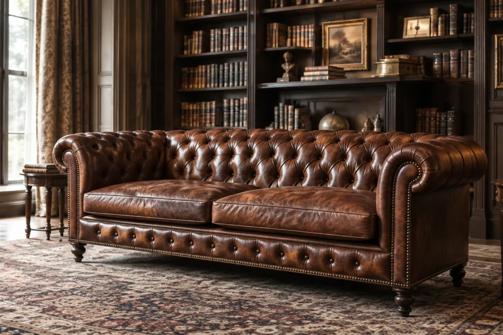 A tufted brown chesterfield in a book-lined reading room