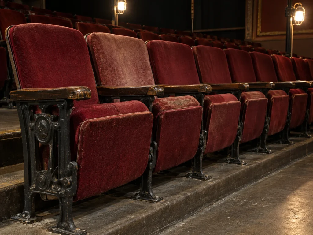 Auditorium row with faded, uneven seats