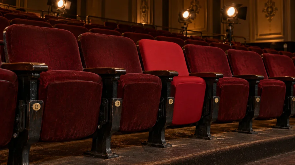 Auditorium row where one seat is a brighter red than its neighbors