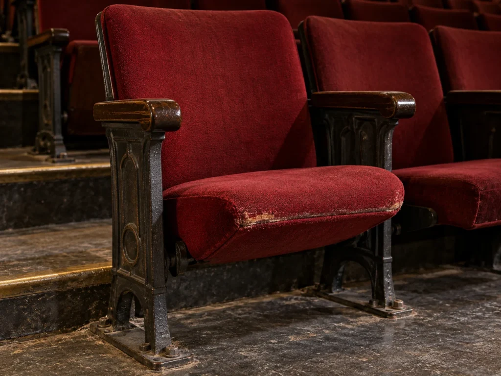 A red fixed seat with a frayed front edge