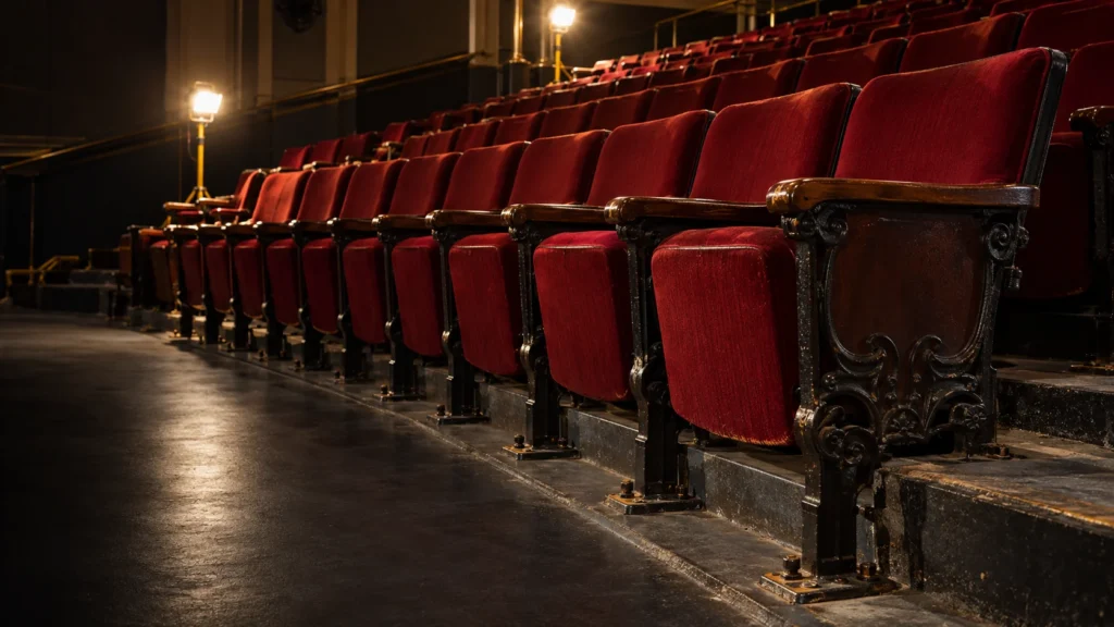 A long row of red padded fixed seats on a stepped floor