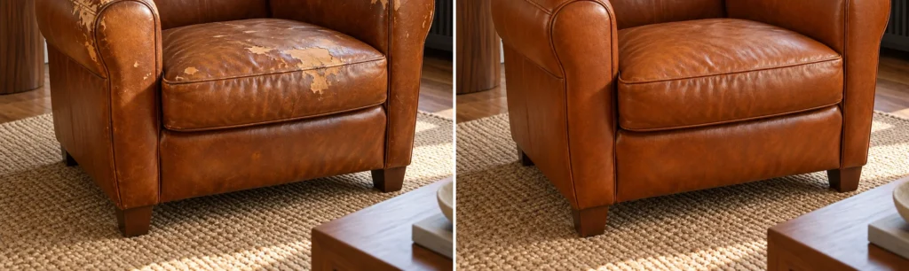 Cognac leather armchair with peeling finish, shown before and after it was restored