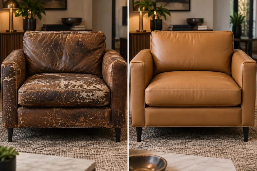 Cracked brown leather armchair recovered in tan leather, before and after reupholstery
