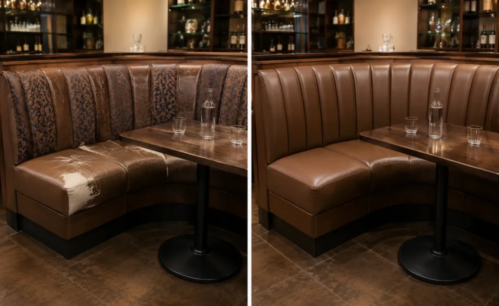 A brown corner booth shown before and after new covers