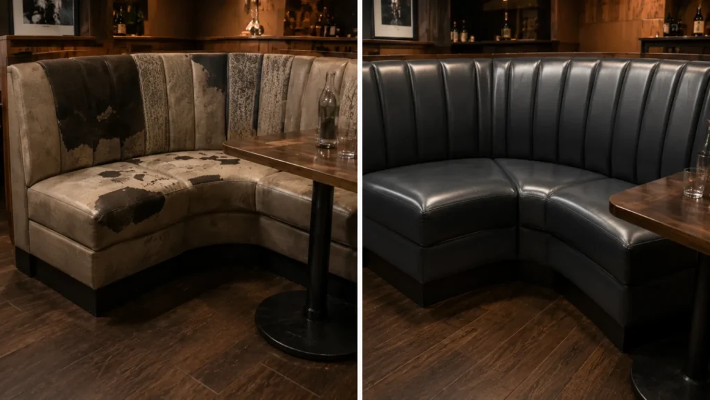 A corner booth recovered in black