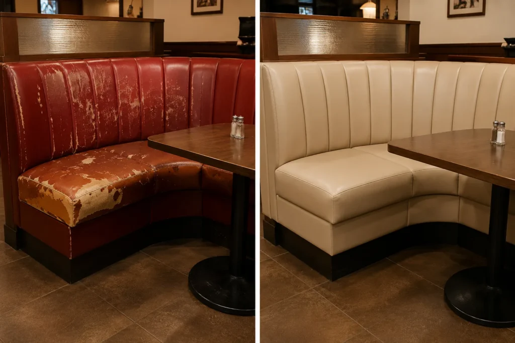 A red corner booth recovered in cream