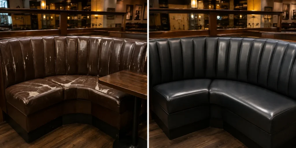 A curved booth with new charcoal covers