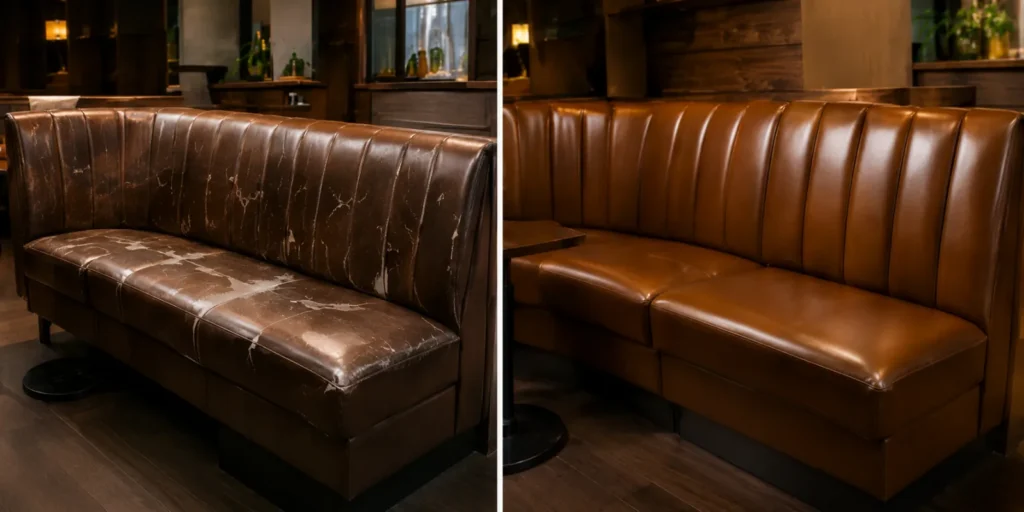A long tan banquette shown before and after new covers
