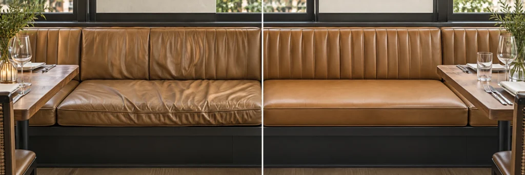 Booth seat cushions, worn and then replaced