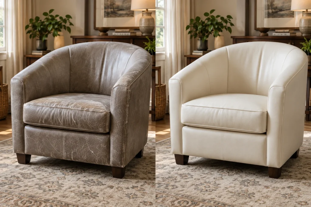 A barrel chair before and after reupholstery