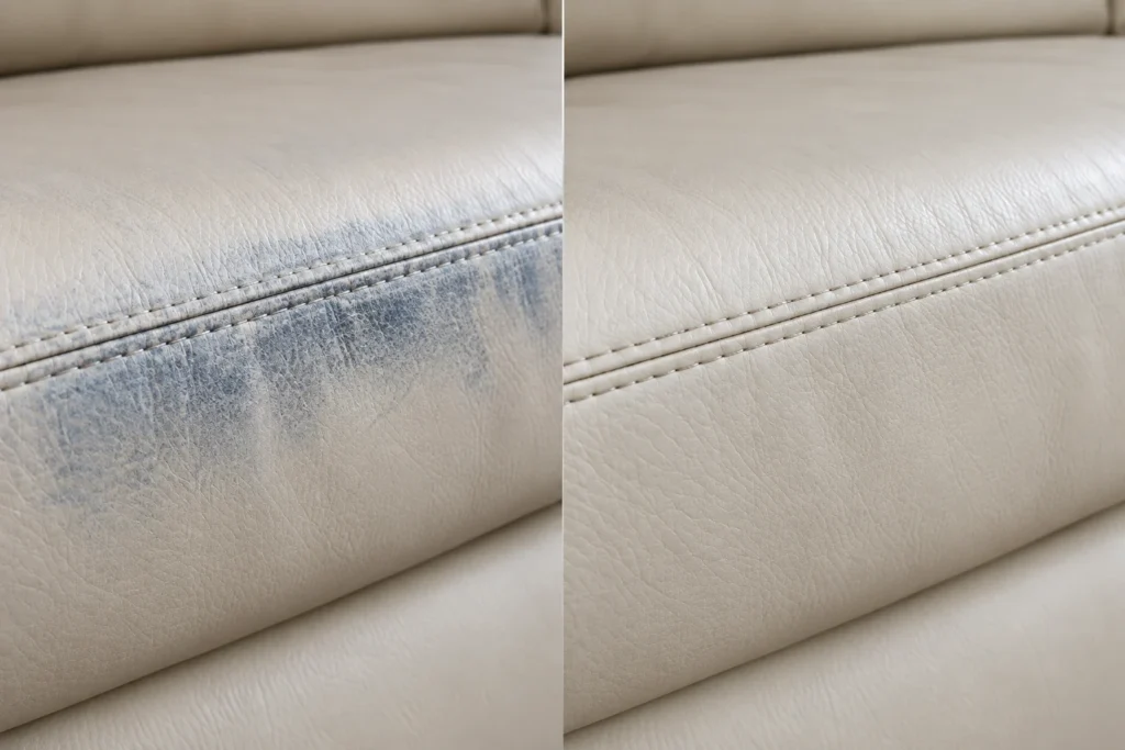 Beige leather seat front stained by blue jeans, shown before and after