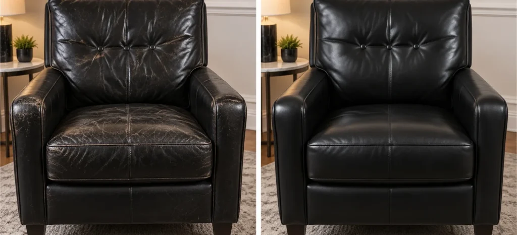 Black leather armchair gone stiff and gray, before and after conditioning