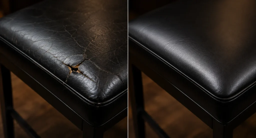 A black leather stool seat before and after crack repair