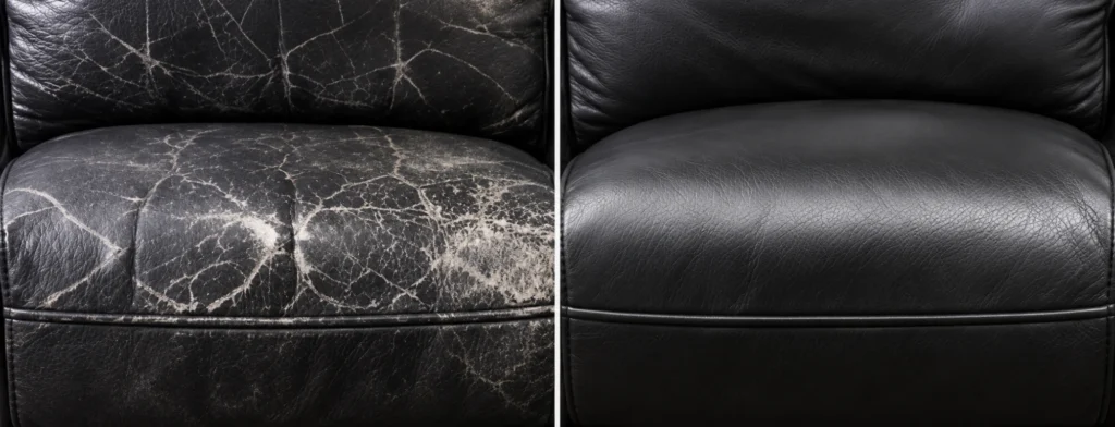 Black leather couch seat with cracks, shown before and after