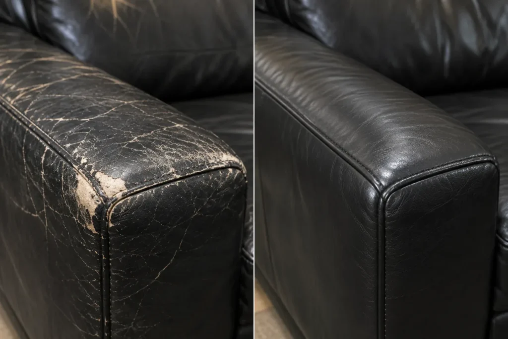 Cracked black leather sofa arm, before and after the repair