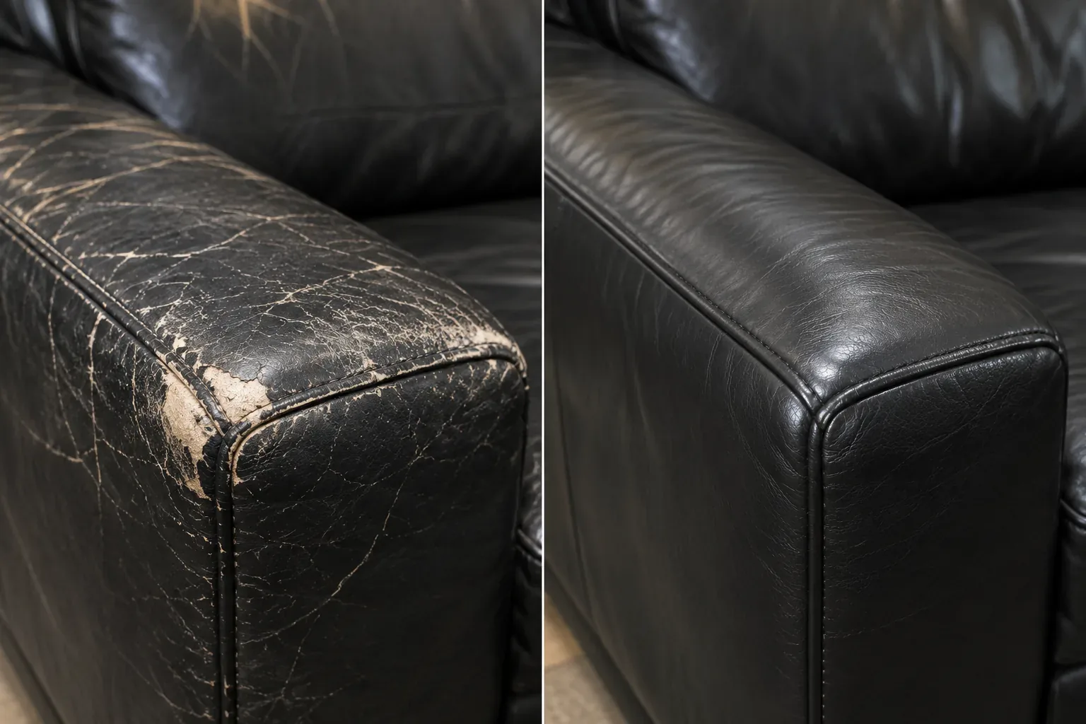 Split edge on a black arm, cracks repair, shown before and after