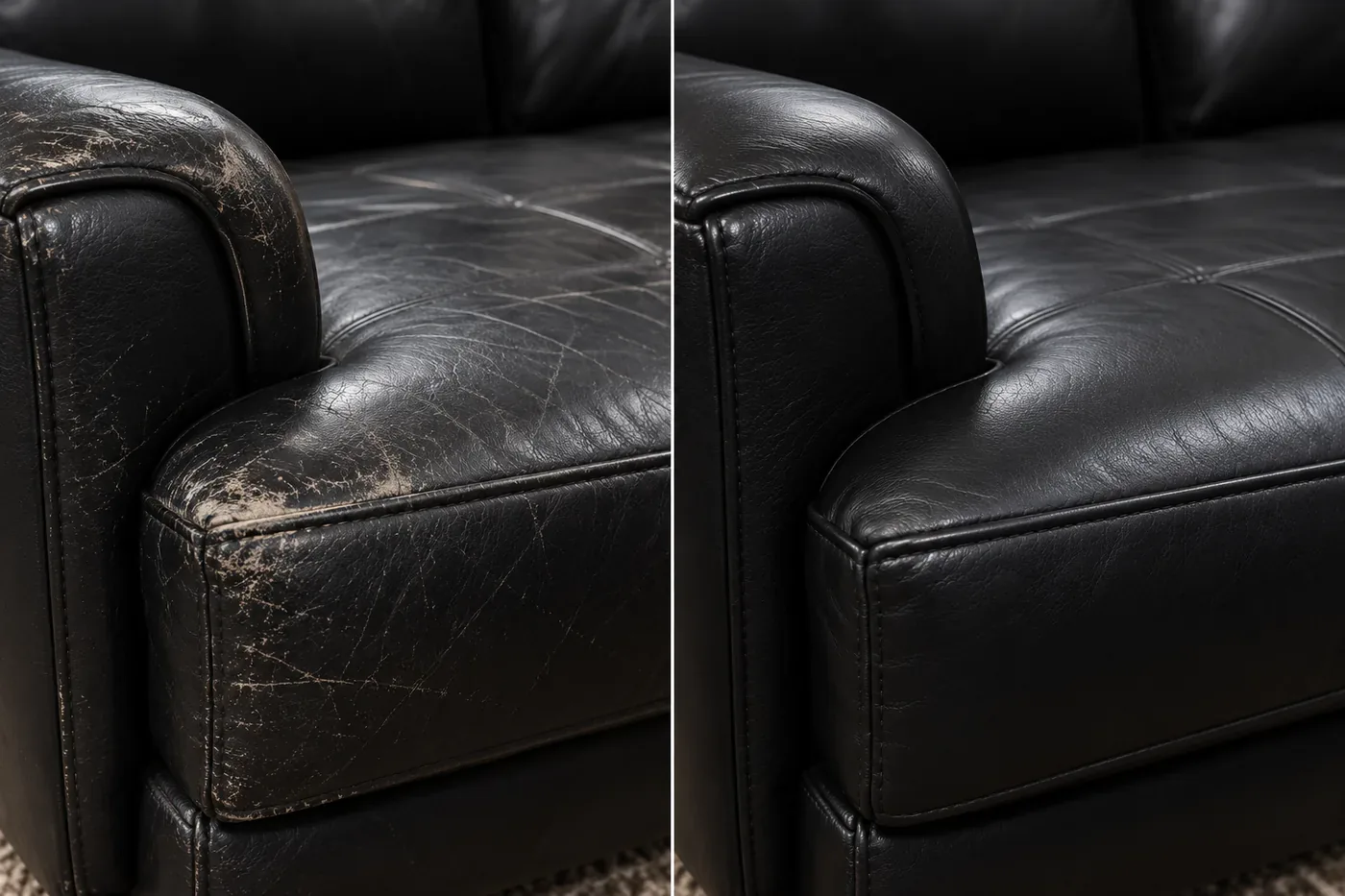 Arm in black, wear & scuffs repair, shown before and after