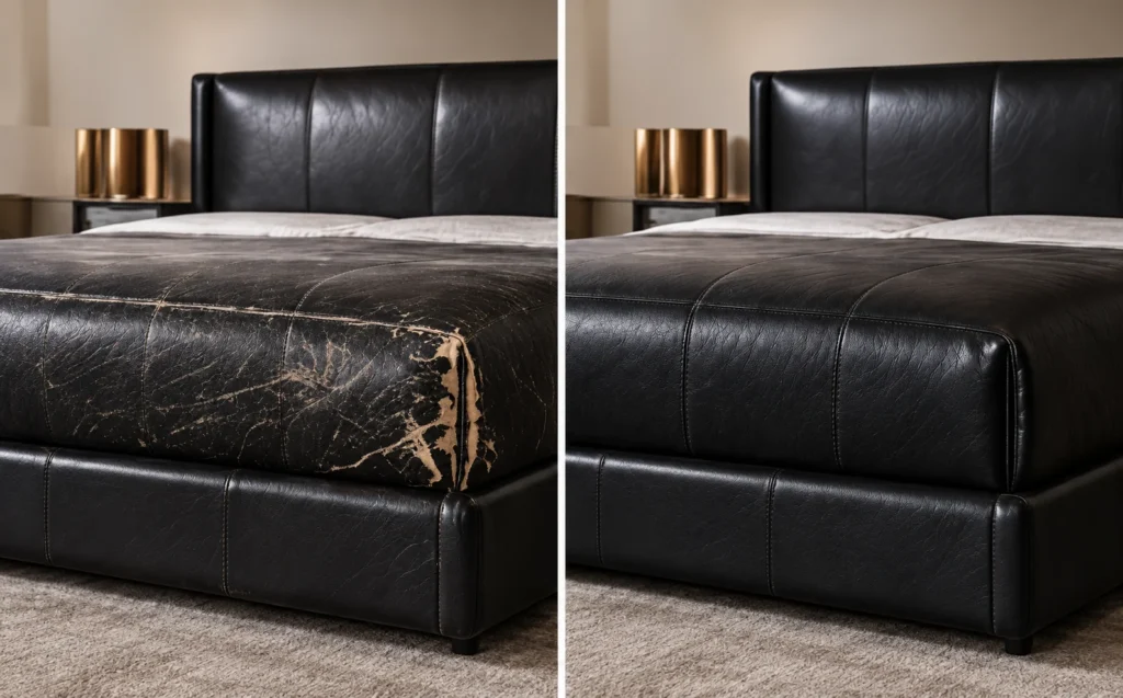 Footboard of a black leather bed, shown before and after repair