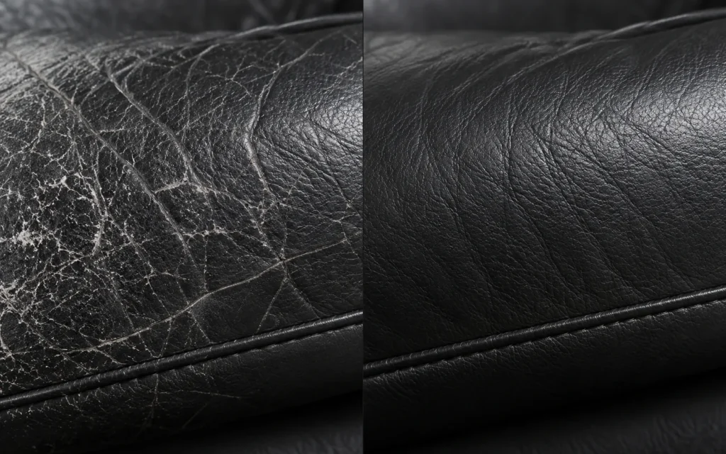 Surface cracks in black leather shown before and after