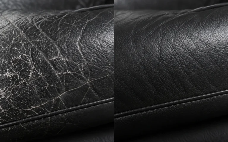 Black leather cushion before and after crack repair