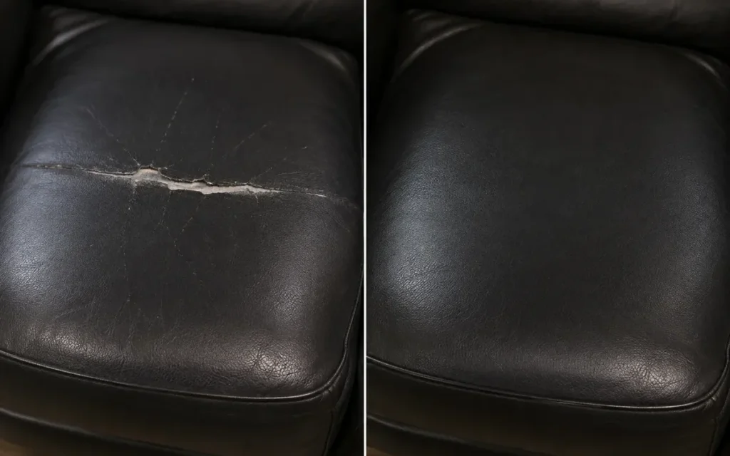 Scratched black leather cushion, before and after
