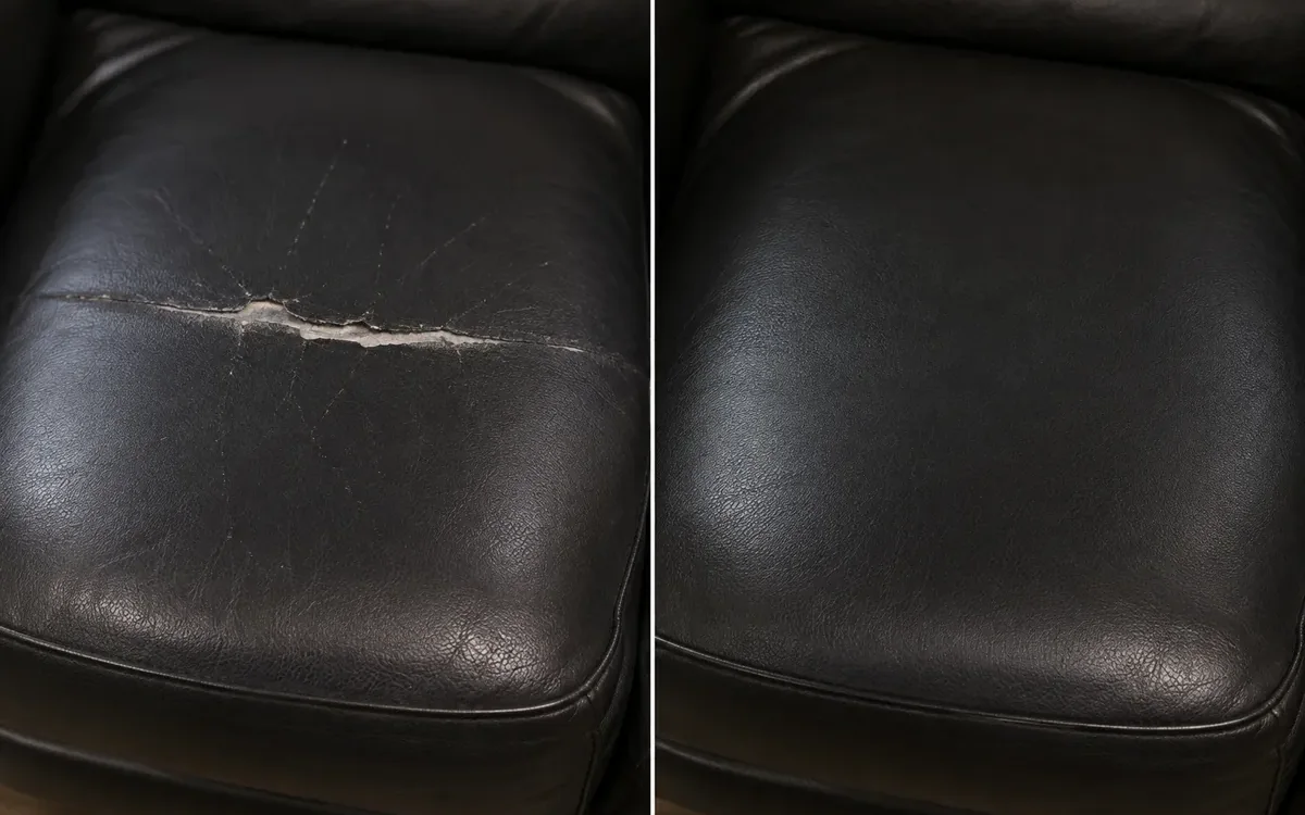 Cushion in black, scratches repair, shown before and after