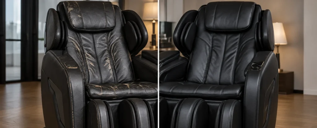 Worn black massage chair cover, before and after restoration