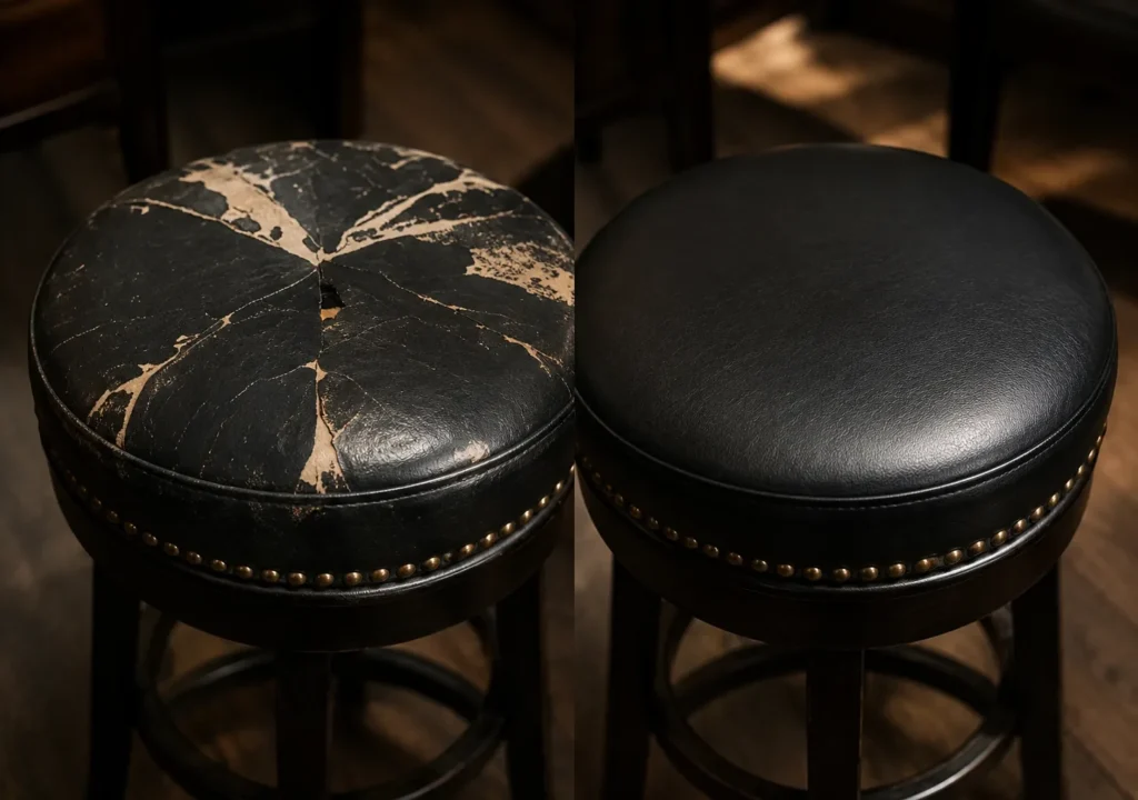 A black tufted stool seat with nailhead trim before and after