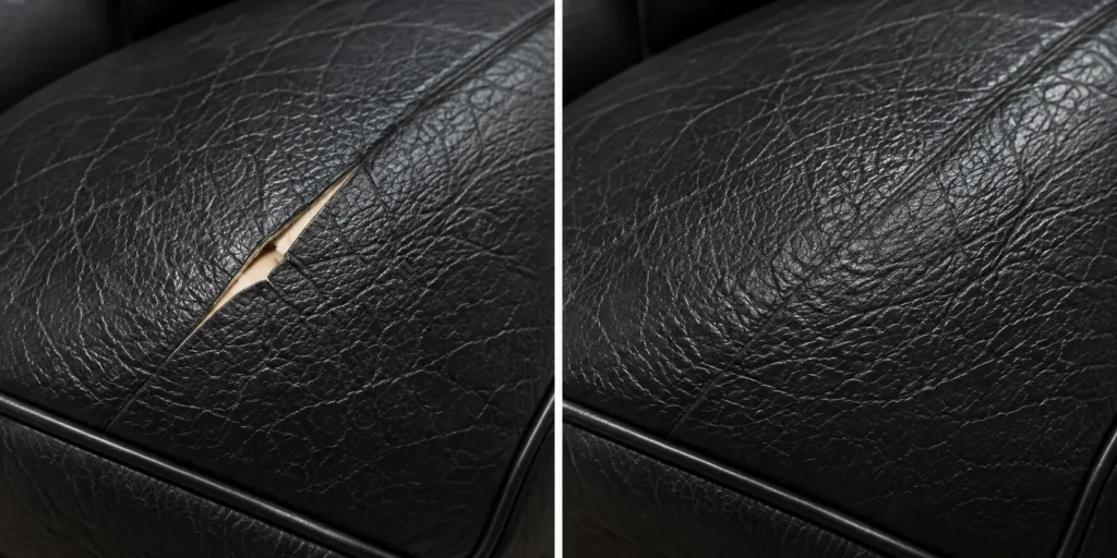 Black leather panel before and after tear repair