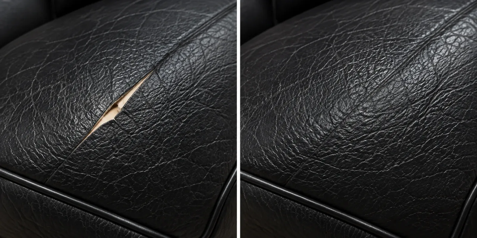 Black panel with a slit, holes & tears repair, shown before and after