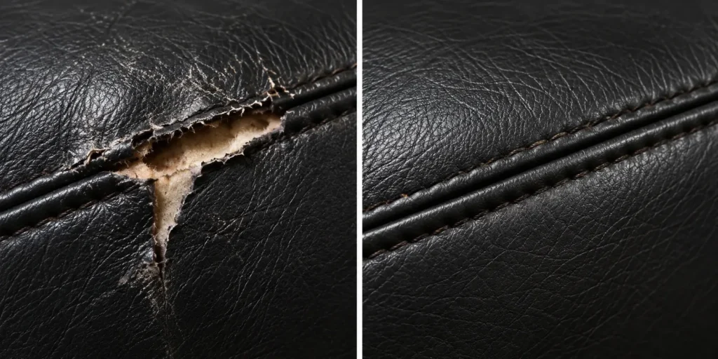 Split black leather seam exposing foam, shown before and after repair