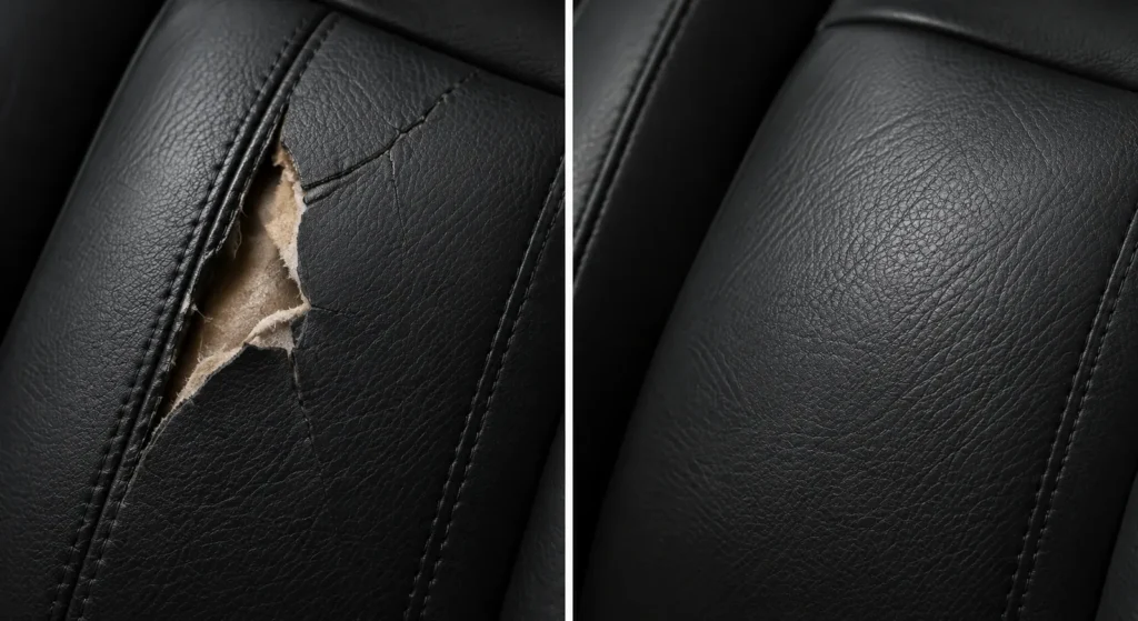 Ripped seat back in black leather, repaired