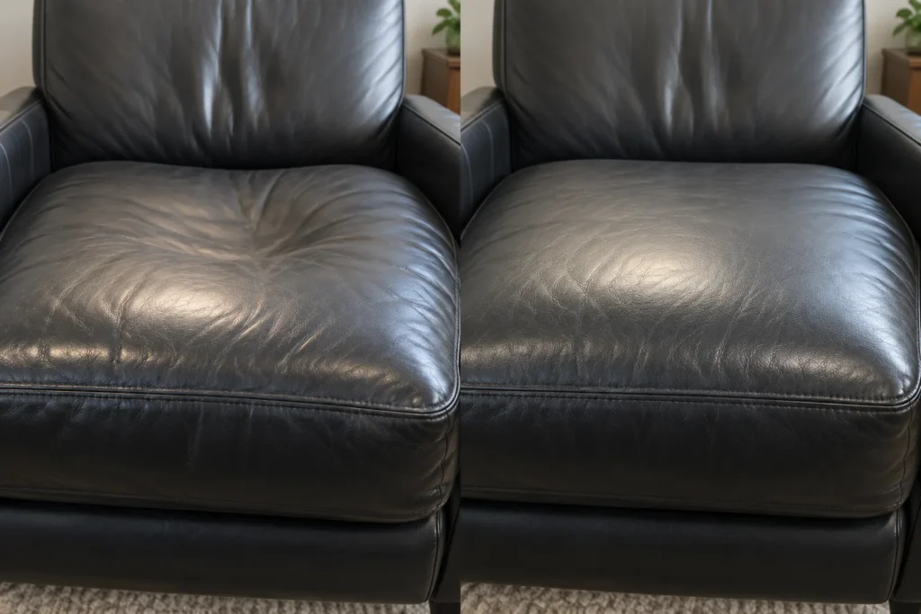 Black leather seat cushion that had sagged, shown before and after