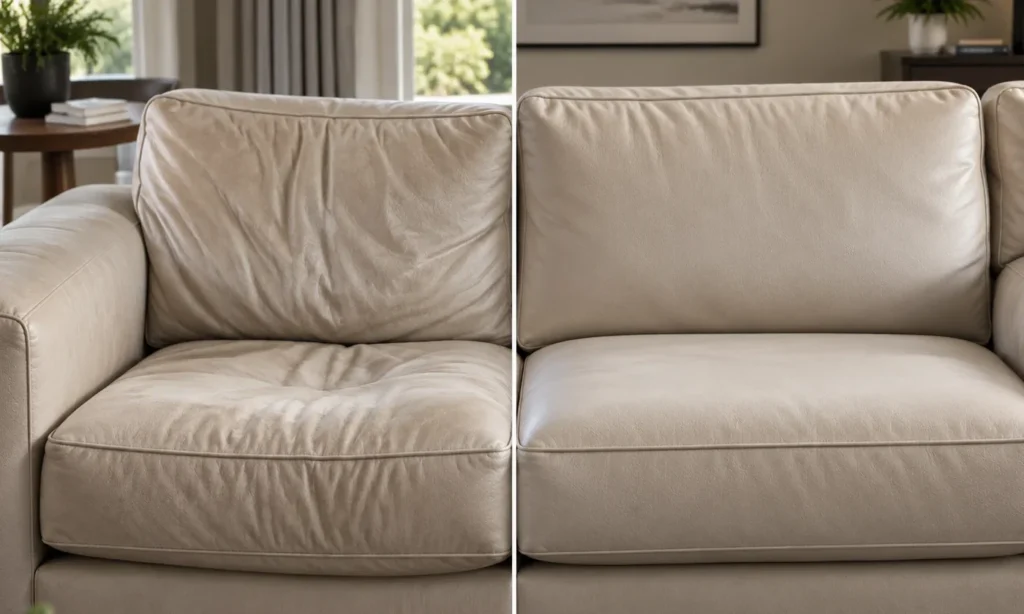 Sofa in bone leather whose cushions had gone flat, before and after the foam was replaced