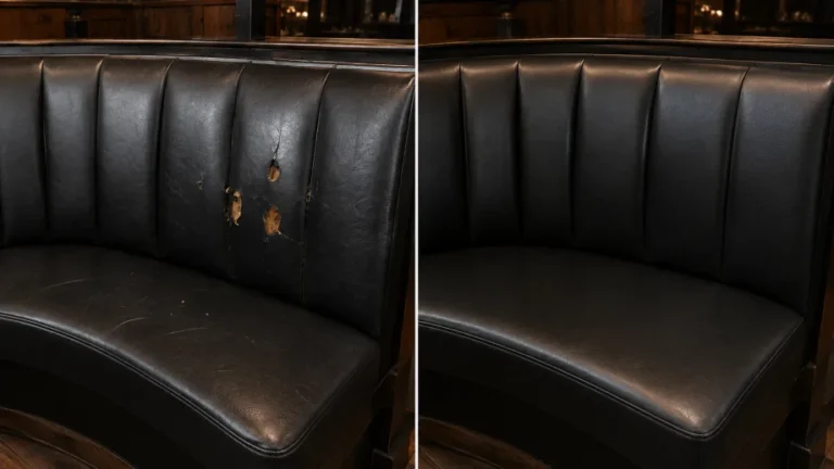 A black leather booth back shown before and after repair