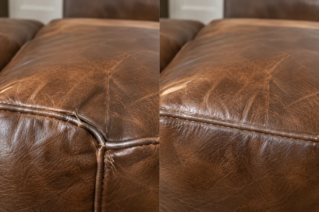 Brown leather cushion with a frayed corner, shown before and after
