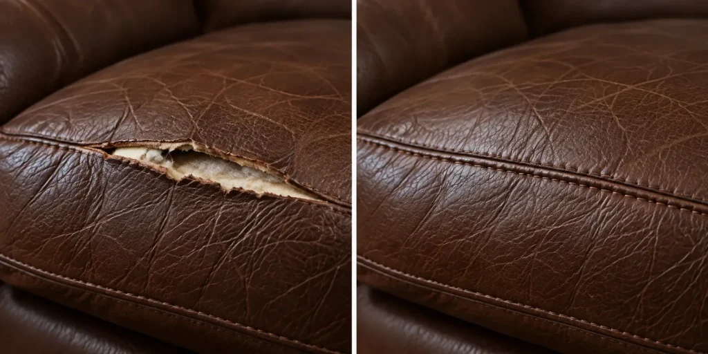 Torn edge of a brown leather cushion, before and after
