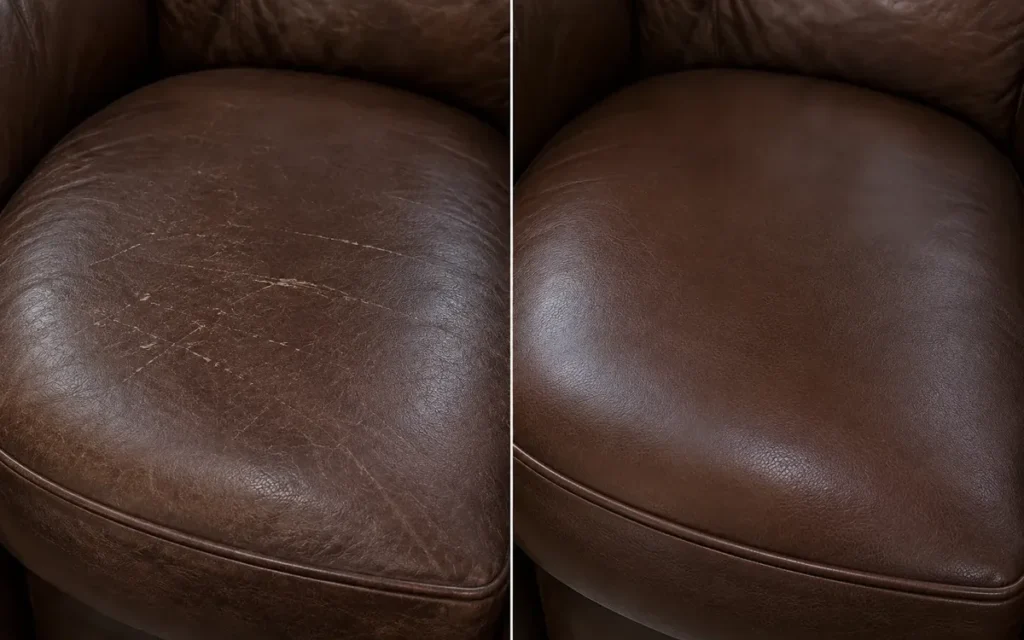Split view of a brown leather seat, scratched and then repaired