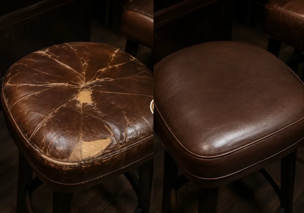 A brown leather stool seat before and after recovering