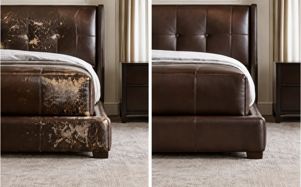 Brown leather bed with a flaking surface, shown before and after