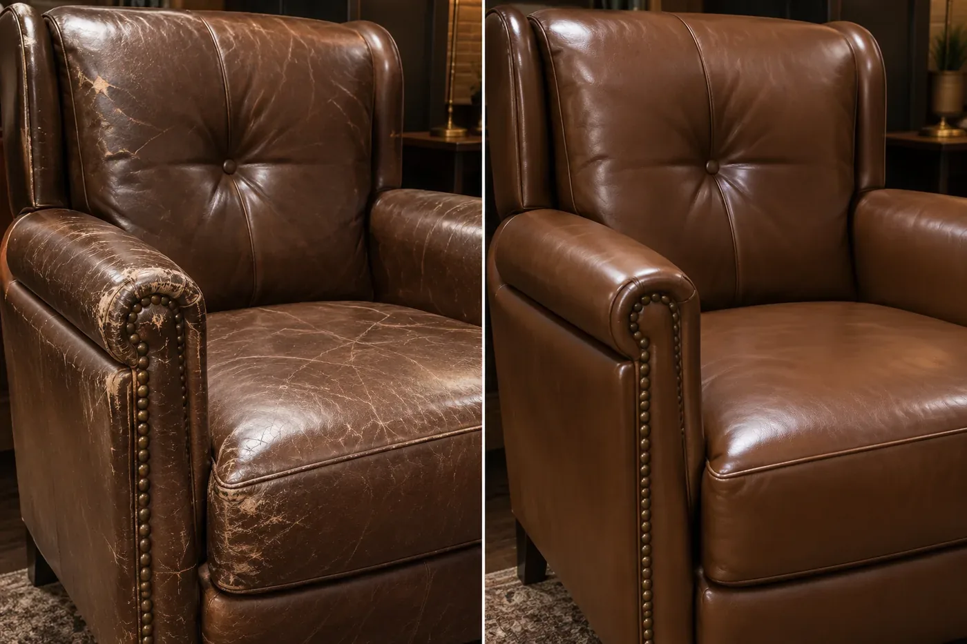 Club chair in brown shown before and after leather repair. Scuffed arms and a rubbed-bare seat front, refinished back to one even brown.