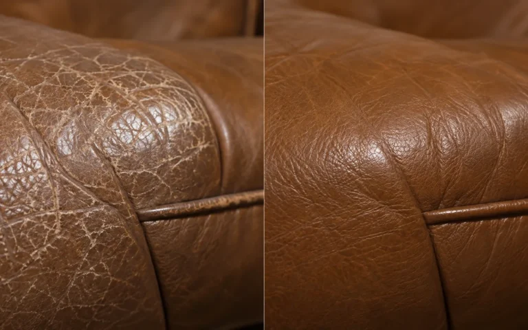 Brown leather seat before and after crack repair