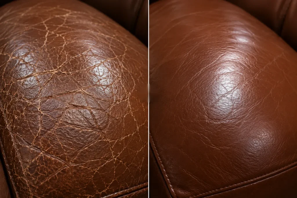 Crazed brown leather cushion, before and after the repair