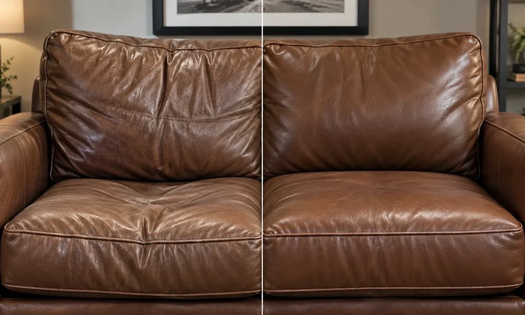 Loveseat in brown leather whose cushions had sagged, before and after the foam was replaced