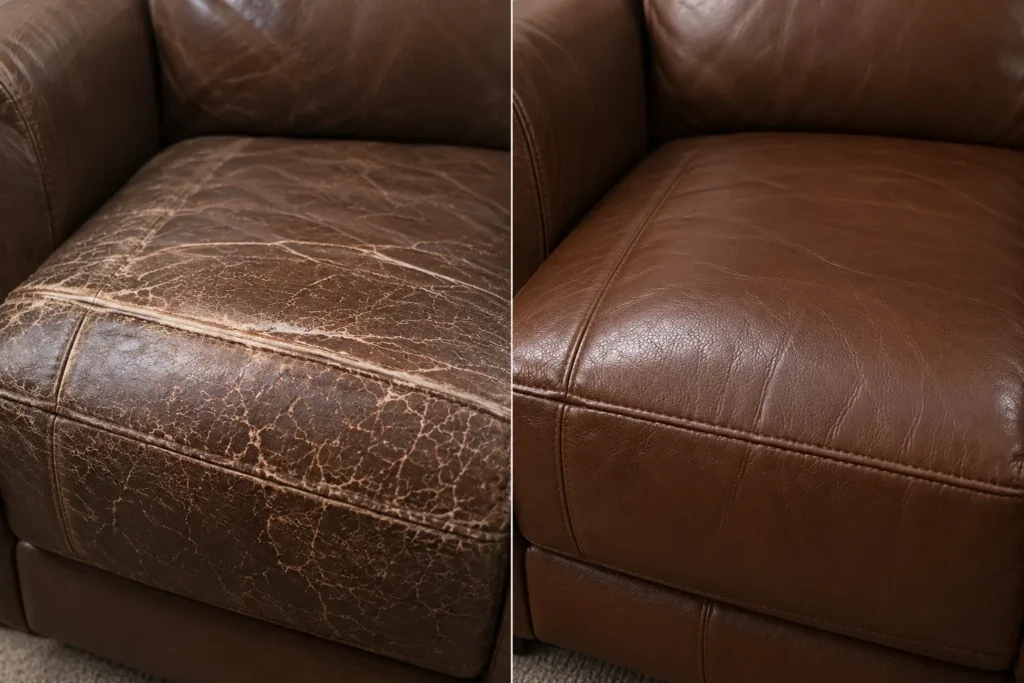 Cracked brown leather seat edge, before and after the repair