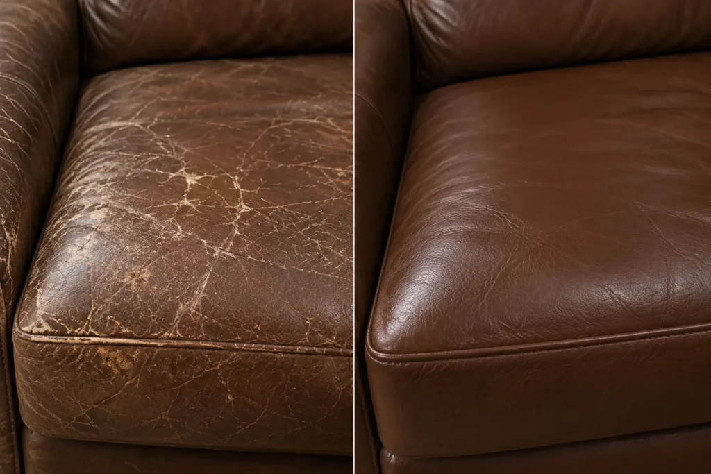 Brown leather seat with a spiderweb of cracks, before and after