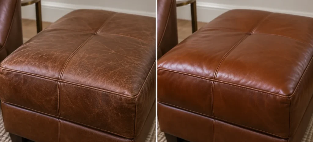 Brown leather ottoman showing wear, before and after conditioning